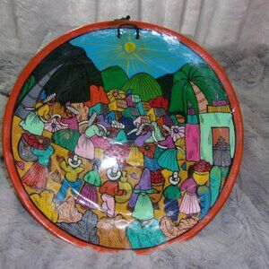 H-282 MEXICAN TERRA COTTA HAND PAINTED FOLK ART WALL HANGING PLATE